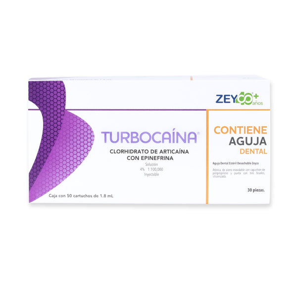 Anestésico Inyectable Edicion Especial Turbocaina Articaina 4% C/EPINEFRINA Blister Polipropileno. CJ. C/50 PZAS. Y 30 AGUJAS CALIBRE 30 CORTA ZEYCO